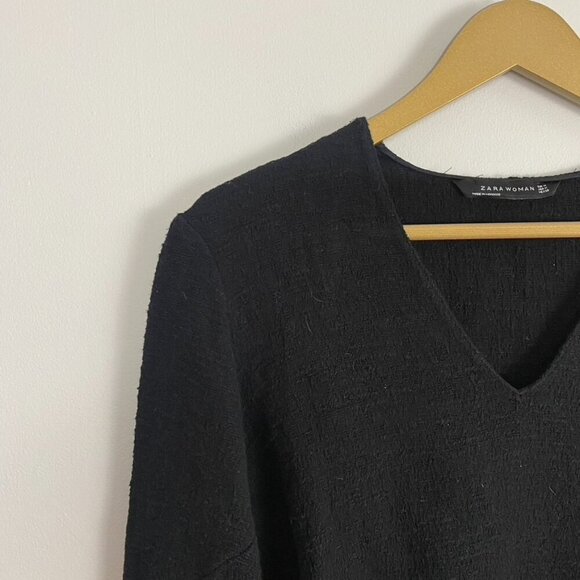 Zara Woman Black Distressed Fringe Bell Sleeve Sweater - Picture 3 of 12